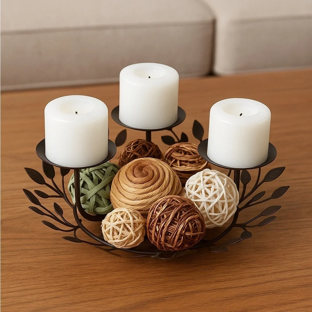 Rustic Metal Leaf Candle Holder Centerpiece with 3 Candles Year Round Decor